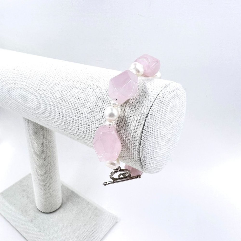 Rose Quartz Nugget & Freshwater Pearl Silver Tone Toggle Clasp 8” Bracelet - Picture 3 of 6
